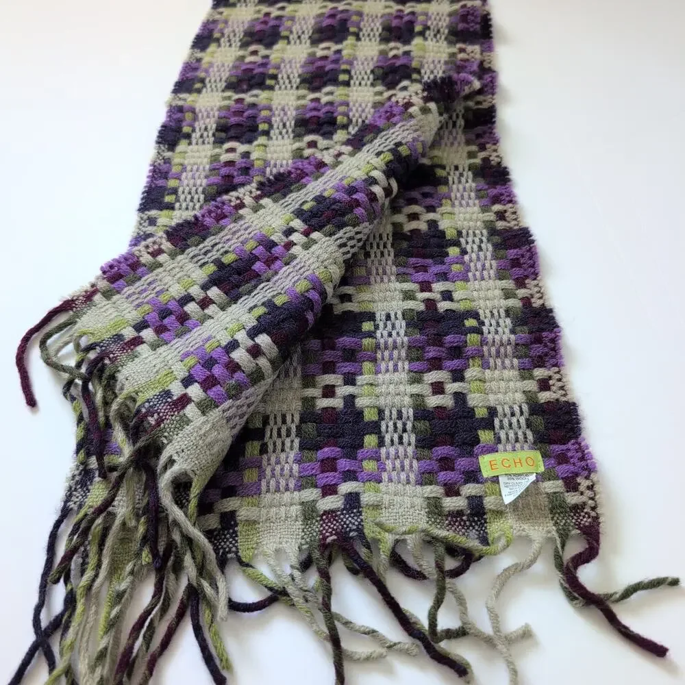 ECHO‎ Scarf Italian Knit Woven Plaid Purple Tan Gray Green Fringe - Wool Blend